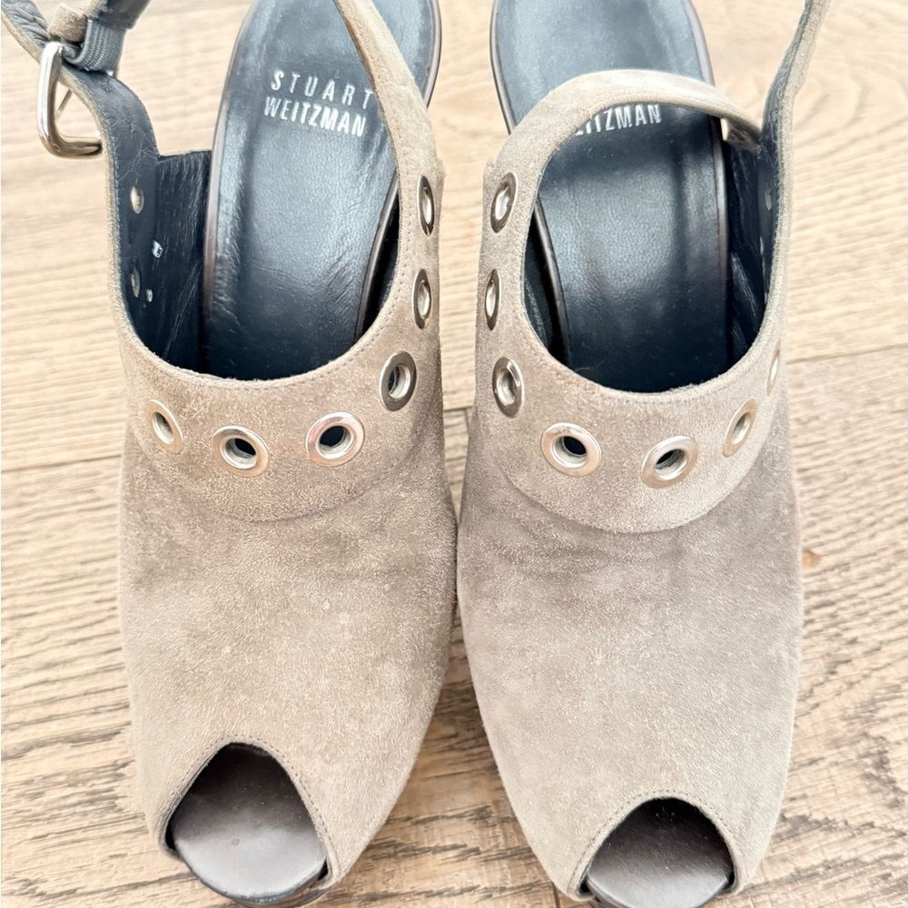Stuart Weitzman Taupe Suede Peep-Toe Slingback Mules with Grommet Detail